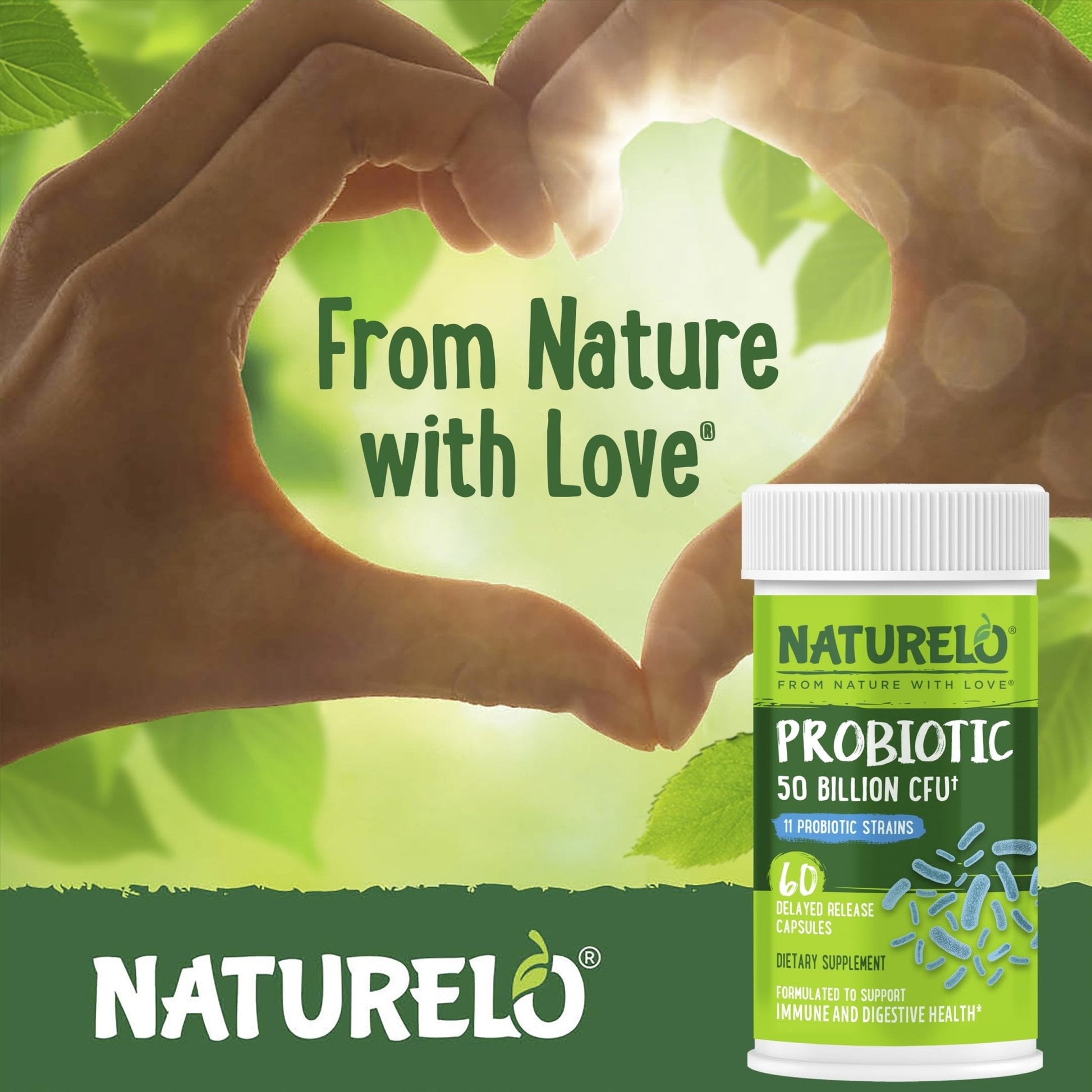 NATURELO Probiotics for Digestive Health - 50 Billion CFU, 11 Strains, Daily Use Supplement - Boosts Immune System, Delayed Release, - Maple Wellness Supplements