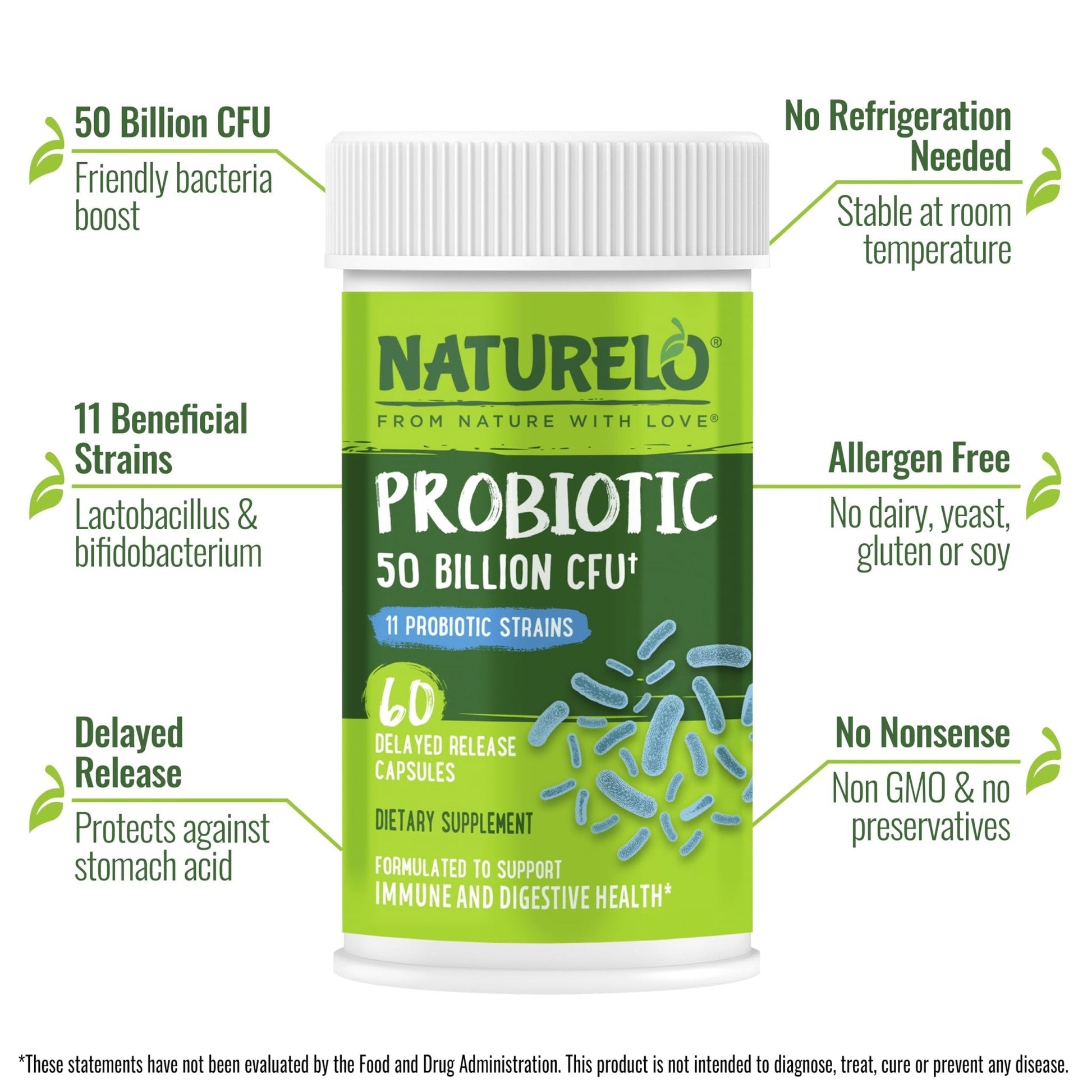 NATURELO Probiotics for Digestive Health - 50 Billion CFU, 11 Strains, Daily Use Supplement - Boosts Immune System, Delayed Release, - Maple Wellness Supplements