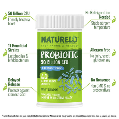 NATURELO Probiotics for Digestive Health - 50 Billion CFU, 11 Strains, Daily Use Supplement - Boosts Immune System, Delayed Release, - Maple Wellness Supplements