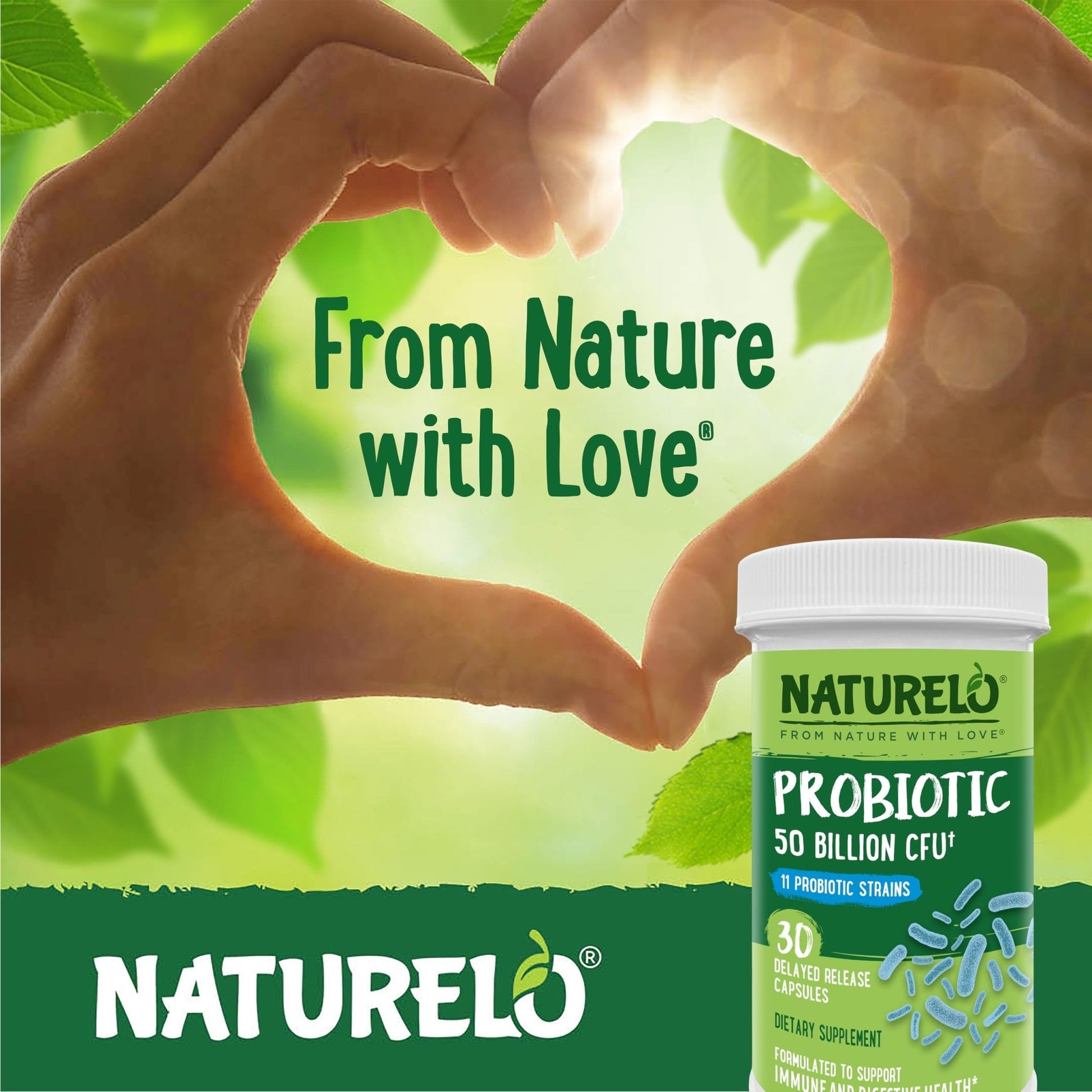 NATURELO Probiotics for Digestive Health, 50 Billion CFU, 30 Vegetarian Capsules, 11 Strains, Daily Use Supplement, Delayed Release, No-Fridge, Helps Boost Immune System, - Maple Wellness Supplements