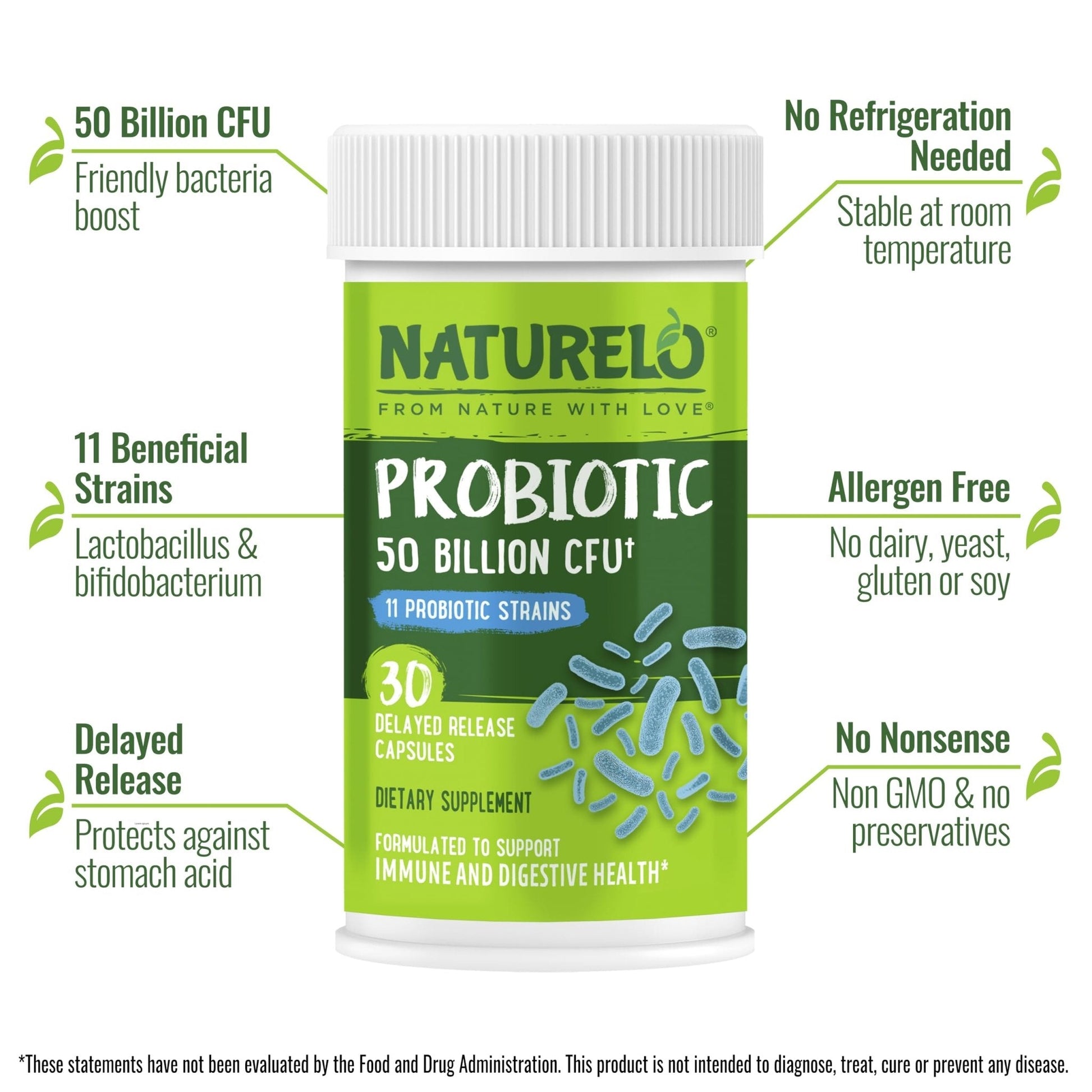 NATURELO Probiotics for Digestive Health, 50 Billion CFU, 30 Vegetarian Capsules, 11 Strains, Daily Use Supplement, Delayed Release, No-Fridge, Helps Boost Immune System, - Maple Wellness Supplements