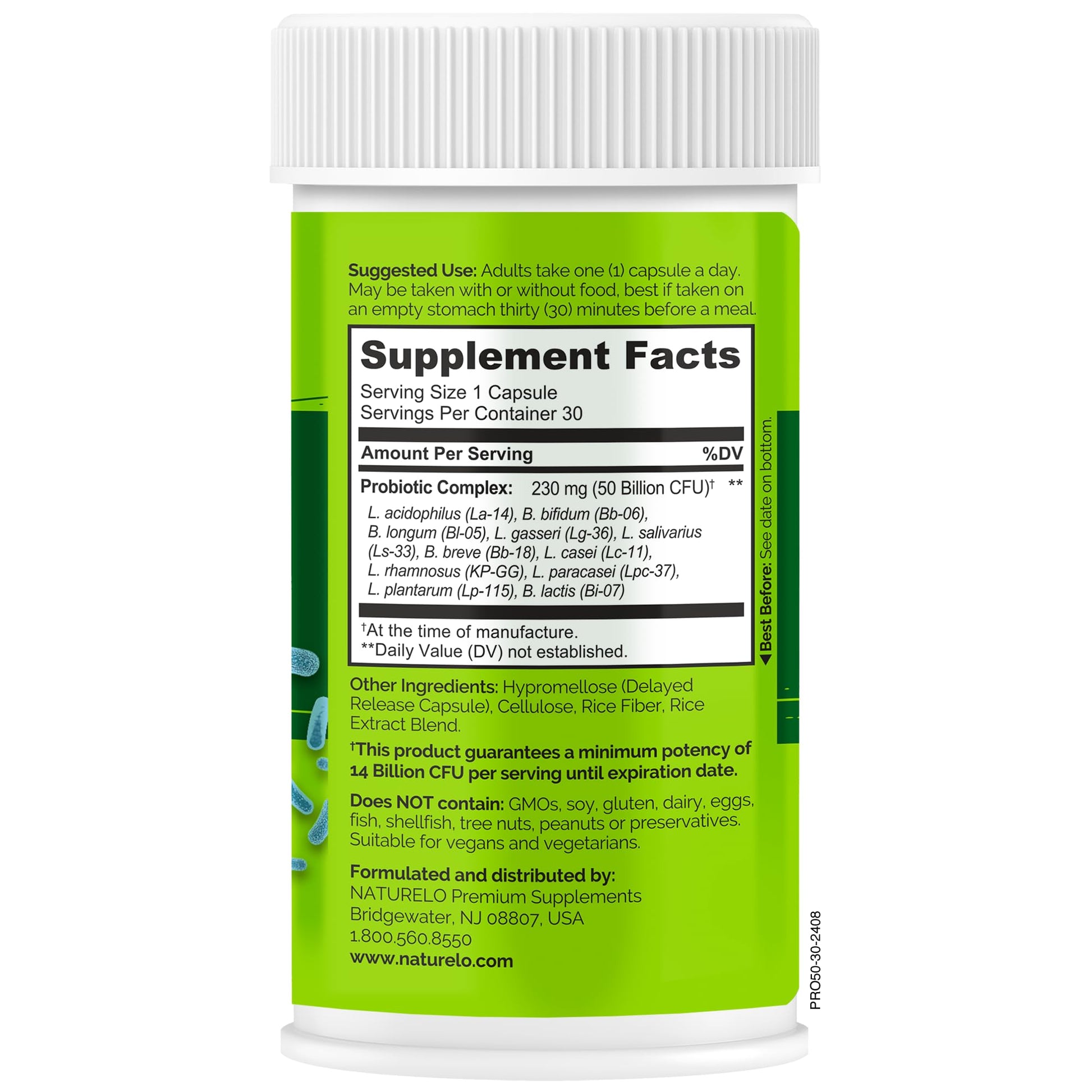 NATURELO Probiotics for Digestive Health, 50 Billion CFU, 30 Vegetarian Capsules, 11 Strains, Daily Use Supplement, Delayed Release, No-Fridge, Helps Boost Immune System, - Maple Wellness Supplements