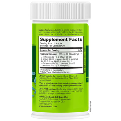 NATURELO Probiotics for Digestive Health, 50 Billion CFU, 30 Vegetarian Capsules, 11 Strains, Daily Use Supplement, Delayed Release, No-Fridge, Helps Boost Immune System, - Maple Wellness Supplements