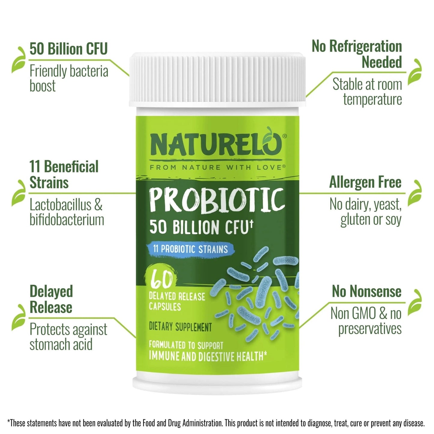 NATURELO Probiotics for Digestive Health, 50 Billion CFU, 60 Vegetarian Capsules, 11 Strains, Daily Use Supplement, Delayed Release, No-Fridge, Boosts Immune System, Probiotics for Women & Men - Maple Wellness Supplements