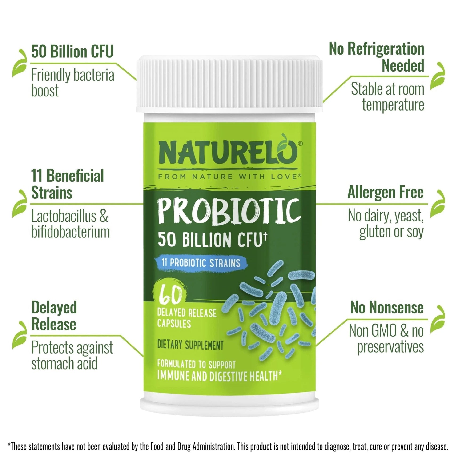 NATURELO Probiotics for Digestive Health, 50 Billion CFU, 60 Vegetarian Capsules, 11 Strains, Daily Use Supplement, Delayed Release, No-Fridge, Boosts Immune System, Probiotics for Women & Men - Maple Wellness Supplements