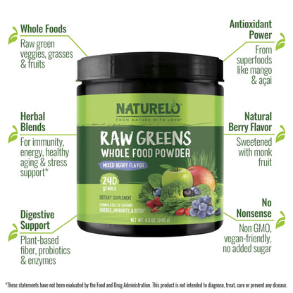 NATURELO Raw Greens Superfood Powder 240 Grams, Mixed Berry - Supports Energy, Immunity and Detox - Includes Spirulina, Wheat Grass and Organic Greens for Whole Food Nutrition - Maple Wellness Supplements