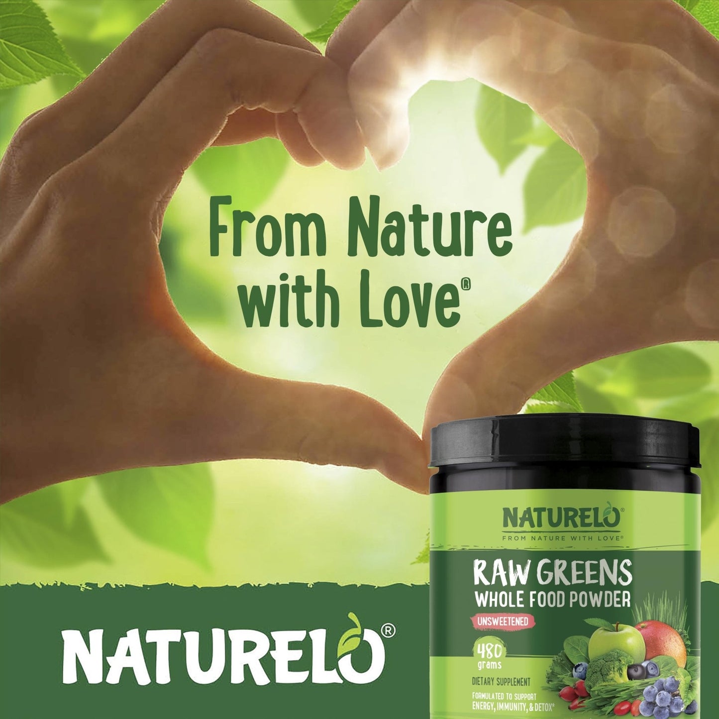NATURELO Raw Greens Superfood Powder - Unsweetened - Boost Energy, Detox, Enhance Health - Organic Spirulina - Wheat Grass - Whole Food Nutrition from Fruits - Maple Wellness Supplements