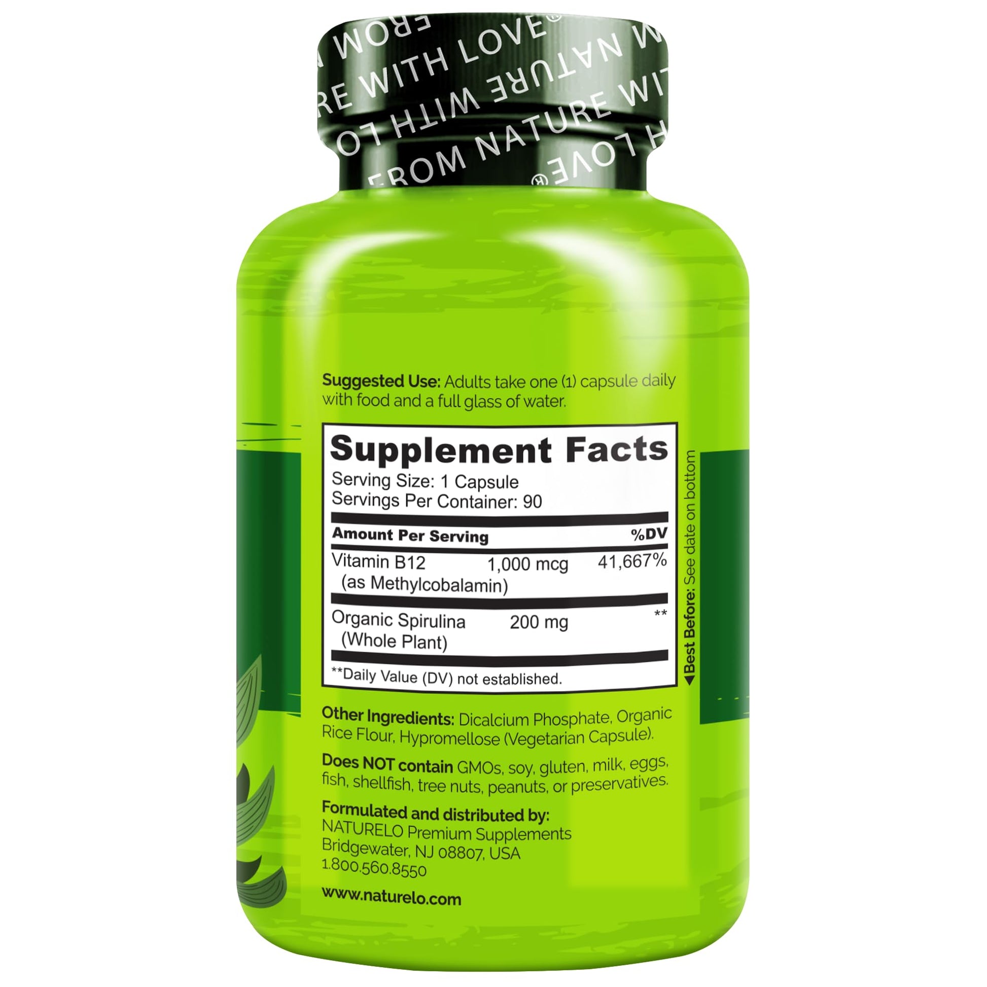 NATURELO Vegan B12 - Methyl B12 with Organic Spirulina - High Potency Vitamin B12 1000 mcg Methylcobalamin - Supports Healthy Mood - Maple Wellness Supplements