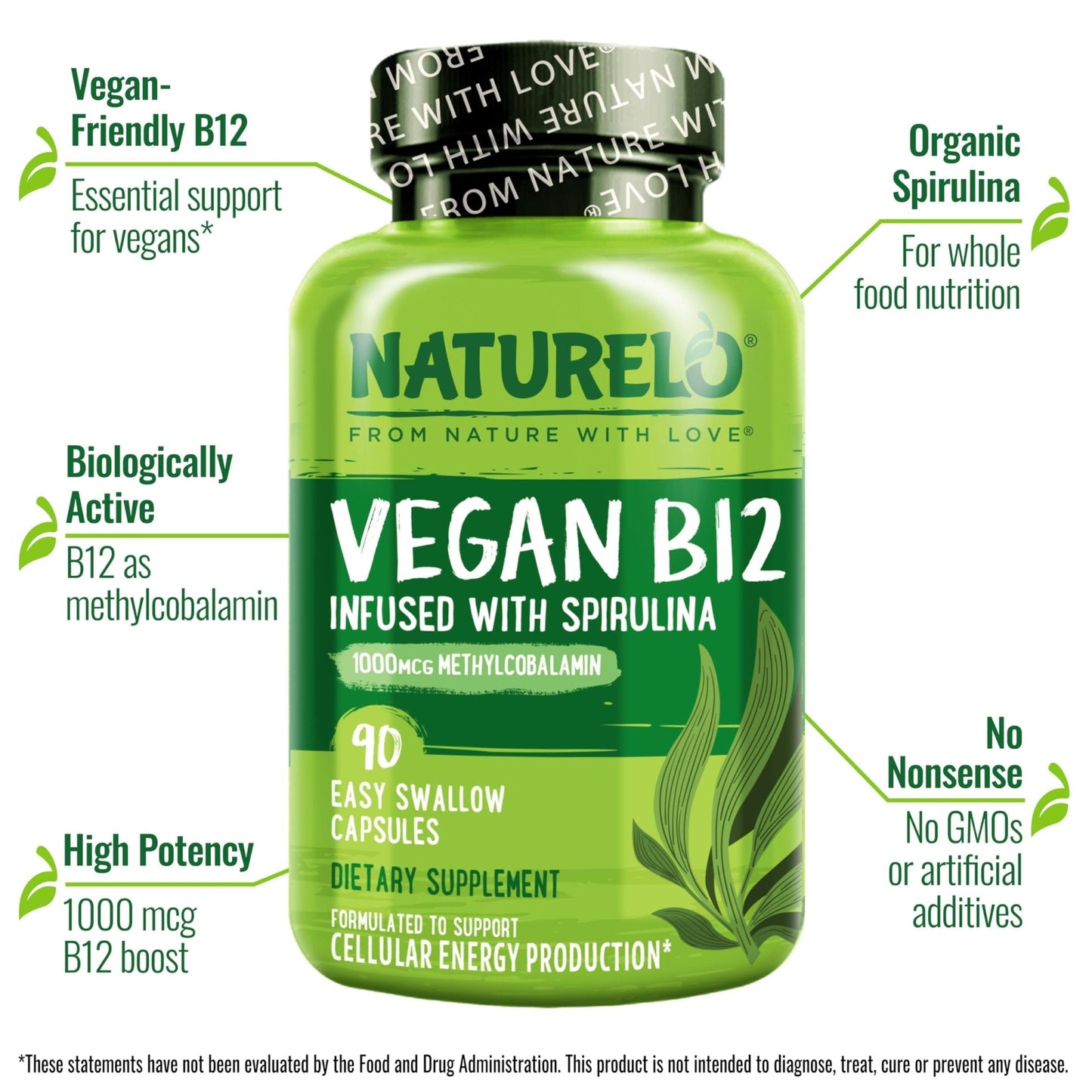 NATURELO Vegan B12 - Methyl B12 with Organic Spirulina - High Potency Vitamin B12 1000 mcg Methylcobalamin - Supports Healthy Mood - Maple Wellness Supplements