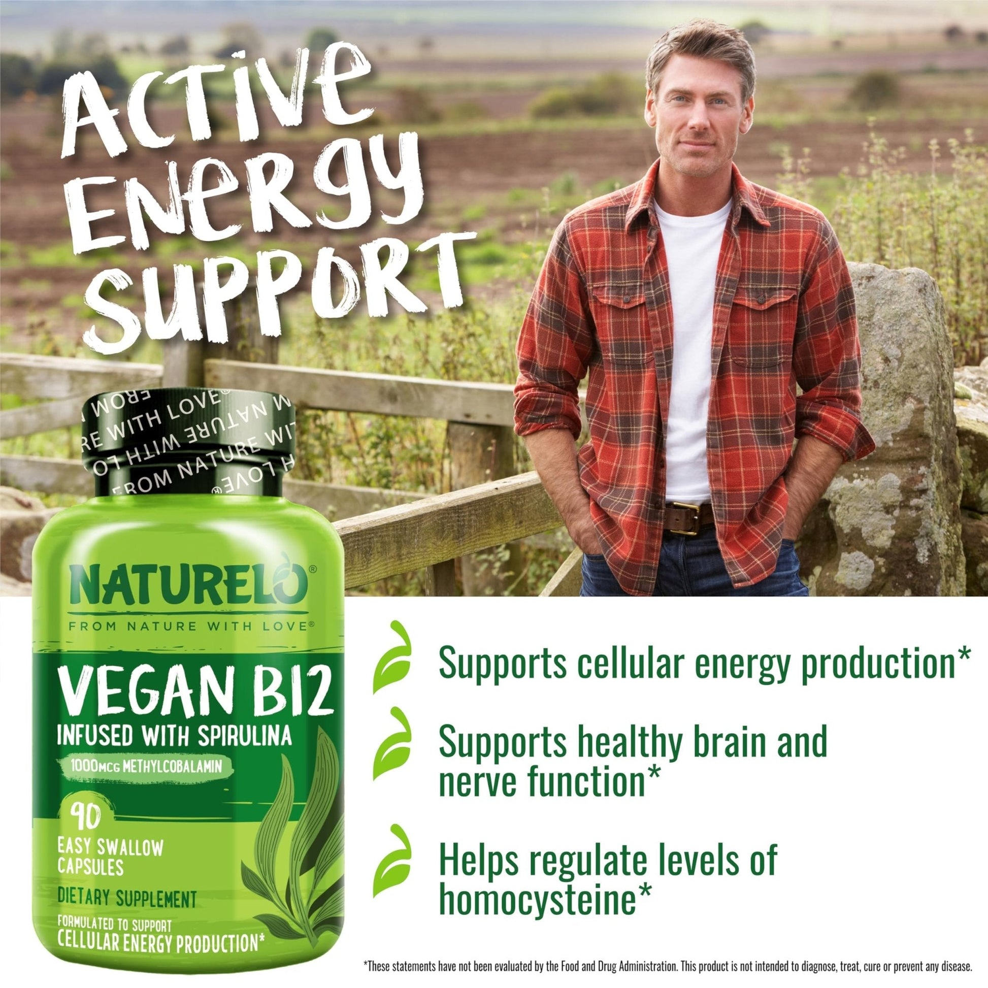 NATURELO Vegan B12 - Methyl B12 with Organic Spirulina - High Potency Vitamin B12 1000 mcg Methylcobalamin - Supports Healthy Mood - Maple Wellness Supplements