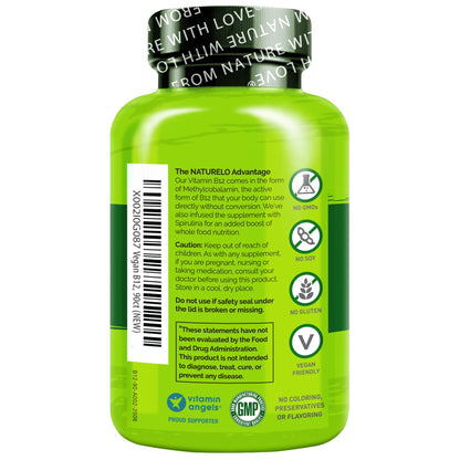 NATURELO Vegan B12 - Methyl B12 with Organic Spirulina - High Potency Vitamin B12 1000 mcg Methylcobalamin - Supports Healthy Mood - Maple Wellness Supplements