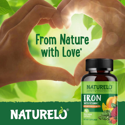 NATURELO Vegan Iron Supplement with Vitamin C and Organic Whole Foods - Gentle Iron Pills for Women & Men with Iron Deficiency Including Pregnancy - Maple Wellness Supplements