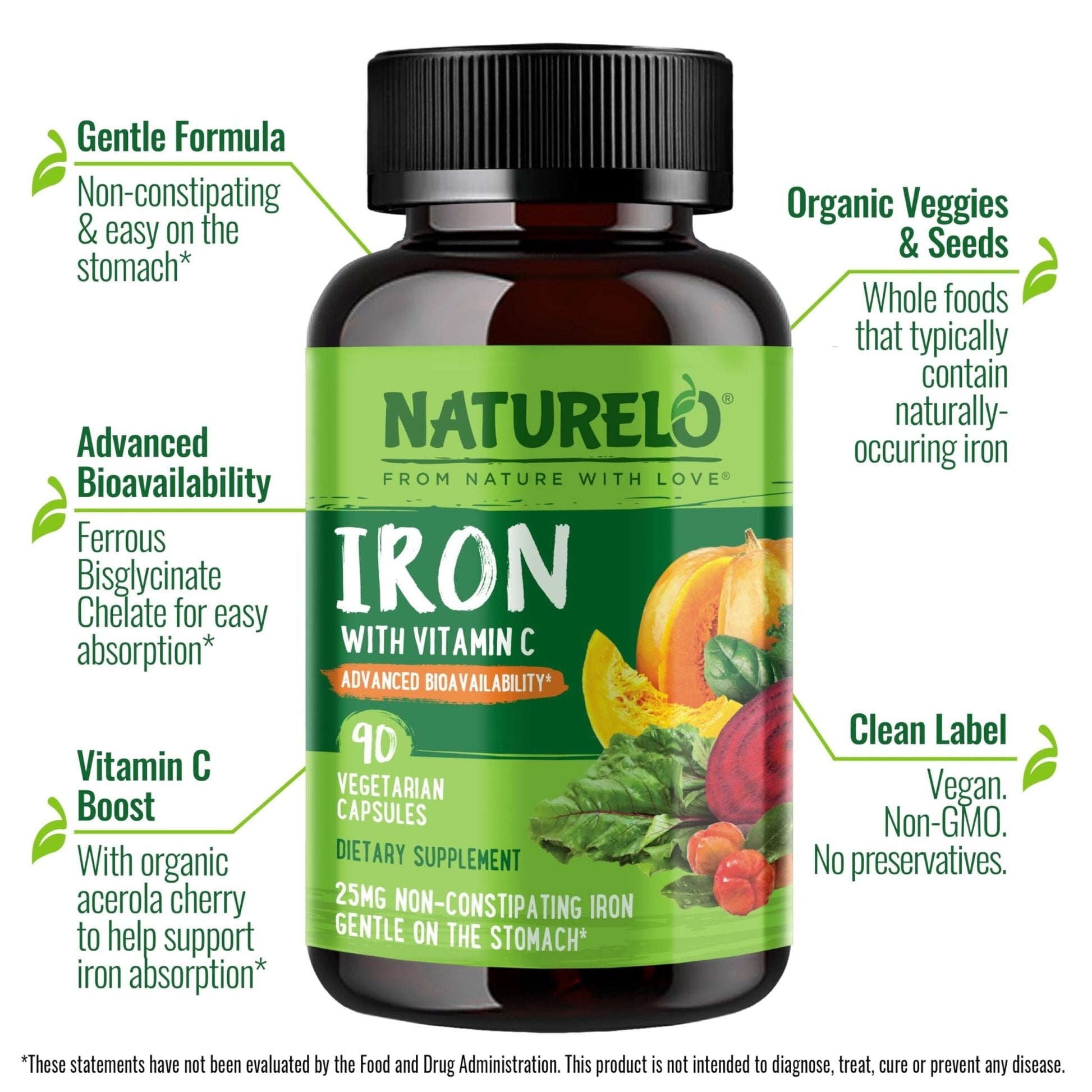 NATURELO Vegan Iron Supplement with Vitamin C and Organic Whole Foods - Gentle Iron Pills for Women & Men with Iron Deficiency Including Pregnancy - Maple Wellness Supplements