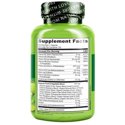 NATURELO Vitamin B Complex,120 Capsules, Vegan, CoQ10, Methyl Folate, Biotin, Fruit & Veg Blend, Supports Energy and Healthy Stress Response - Maple Wellness Supplements