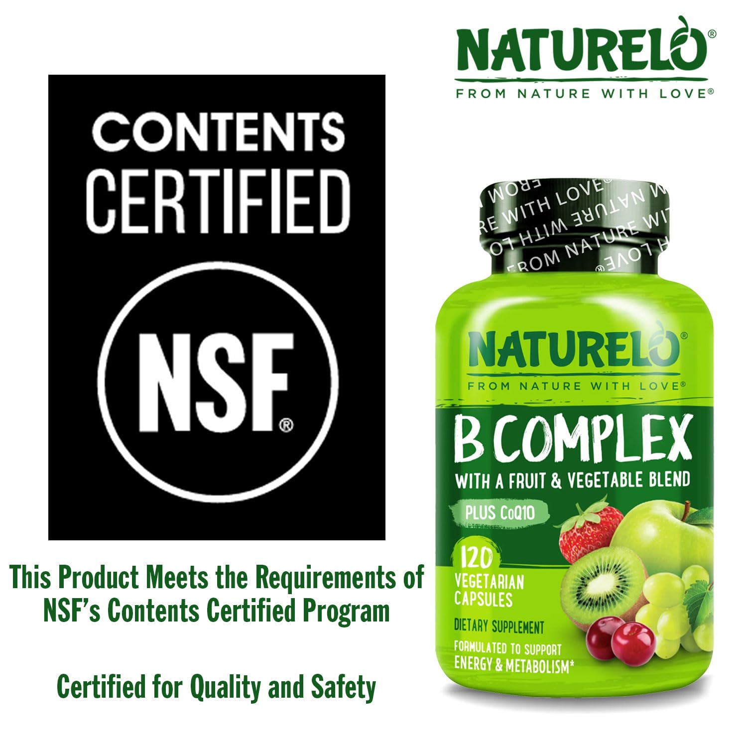 NATURELO Vitamin B Complex,120 Capsules, Vegan, CoQ10, Methyl Folate, Biotin, Fruit & Veg Blend, Supports Energy and Healthy Stress Response - Maple Wellness Supplements