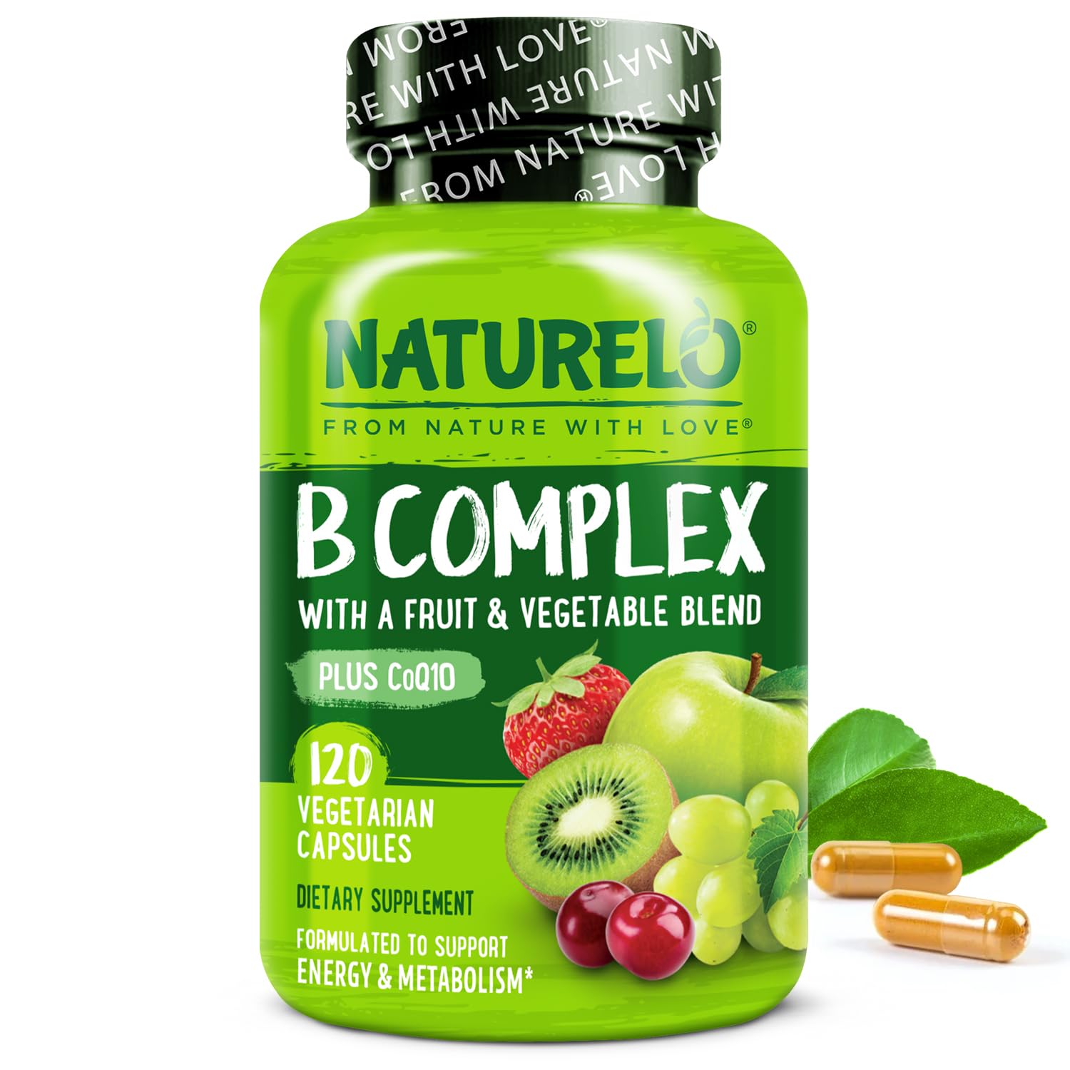 NATURELO Vitamin B Complex,120 Capsules, Vegan, CoQ10, Methyl Folate, Biotin, Fruit & Veg Blend, Supports Energy and Healthy Stress Response - Maple Wellness Supplements