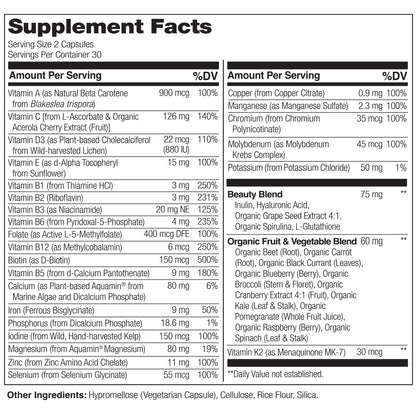NATURELO Whole Food Multivitamin with Extra Hair, Skin and Nails Support - Beauty Blend with Hyaluronic Acid & Grape Seed - High Potency Biotin, Vitamin C - Maple Wellness Supplements