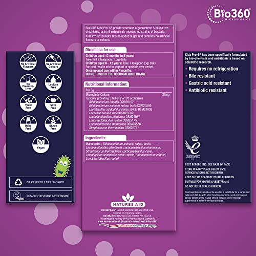 Natures Aid Bio360 Kidz Pro-5 (5 Billion Bacteria) from Natures Aid, Children's Microbiotic - Maple Wellness Supplements