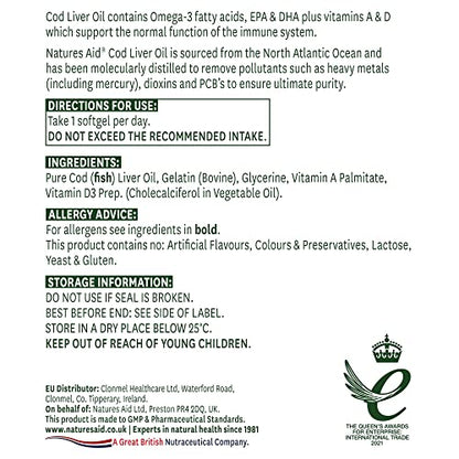 Natures Aid Cod Liver Oil, 1000 mg, 180 Softgel Capsules (High Strength, 254 mg Omega - Maple Wellness Supplements