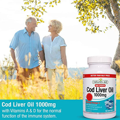Natures Aid Cod Liver Oil, 1000 mg, 180 Softgel Capsules (High Strength, 254 mg Omega - Maple Wellness Supplements