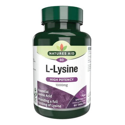 Natures Aid L-Lysine 1000 mg, High Potency Essential Amino Acid, Vegan, 60 Tablets - Maple Wellness Supplements