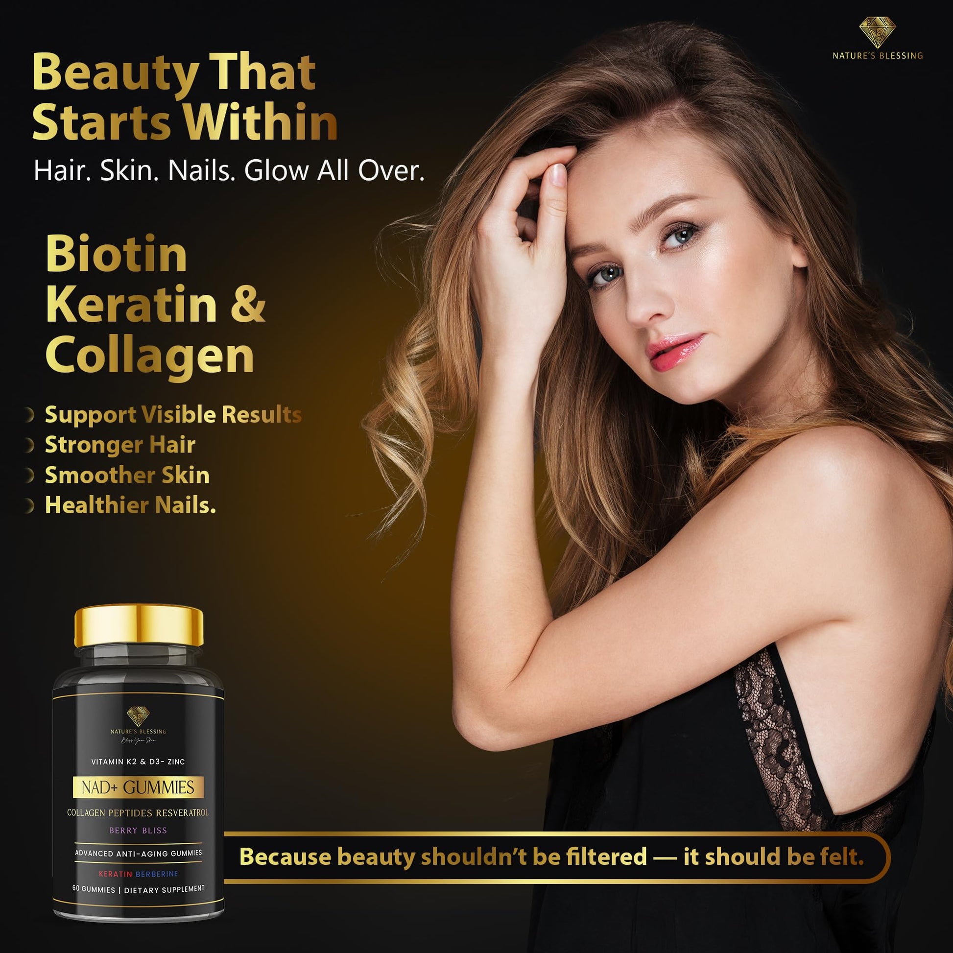 Nature's Blessing NAD+ Anti-Aging Gummies – Boost Cellular Repair, Brain Clarity & Radiant Skin – with Biotin, Collagen, Resveratrol, Vitamin D3, K2, Zinc & Keratin – Delicious Berry Bliss - Maple Wellness Supplements