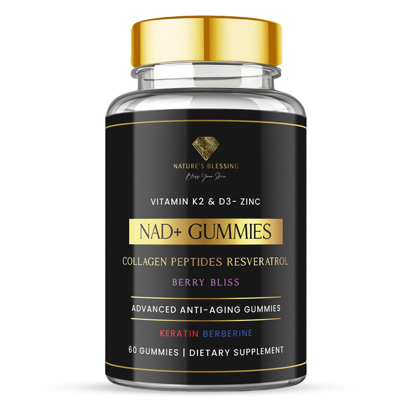 Nature's Blessing NAD+ Anti-Aging Gummies – Boost Cellular Repair, Brain Clarity & Radiant Skin – with Biotin, Collagen, Resveratrol, Vitamin D3, K2, Zinc & Keratin – Delicious Berry Bliss - Maple Wellness Supplements