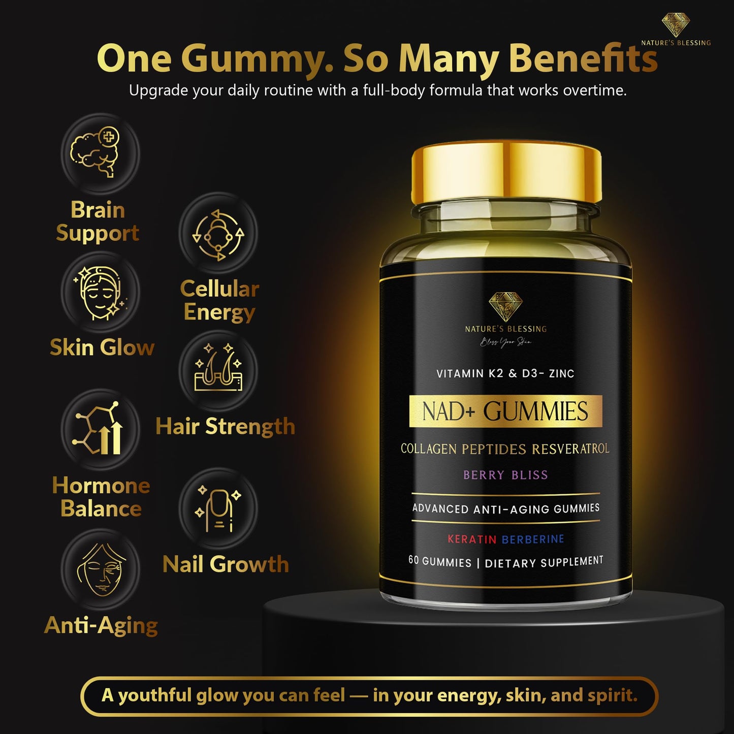 Nature's Blessing NAD+ Anti-Aging Gummies – Boost Cellular Repair, Brain Clarity & Radiant Skin – with Biotin, Collagen, Resveratrol, Vitamin D3, K2, Zinc & Keratin – Delicious Berry Bliss - Maple Wellness Supplements