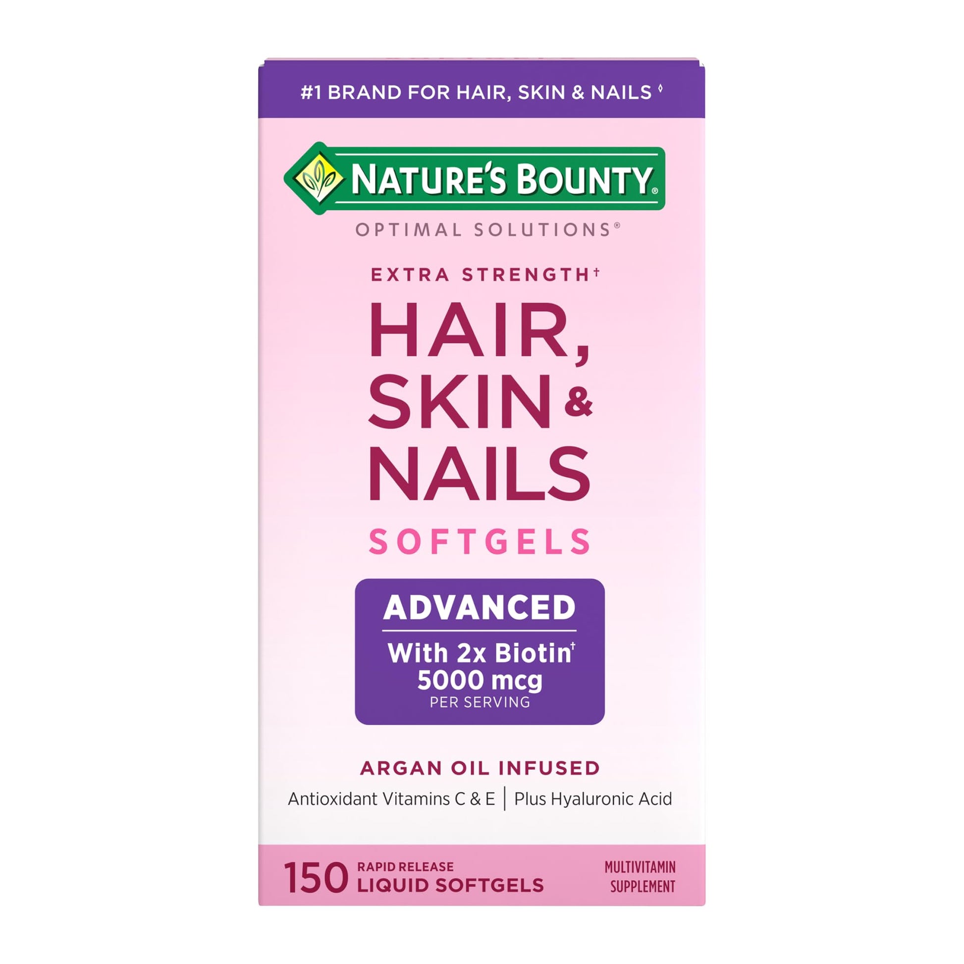 Nature's Bounty Advanced Hair, Skin & Nails, Argan-Infused Vitamin Supplement with Biotin and Hyaluronic Acid, 150 Rapid Release Softgels, 50 Total Servings - Maple Wellness Supplements