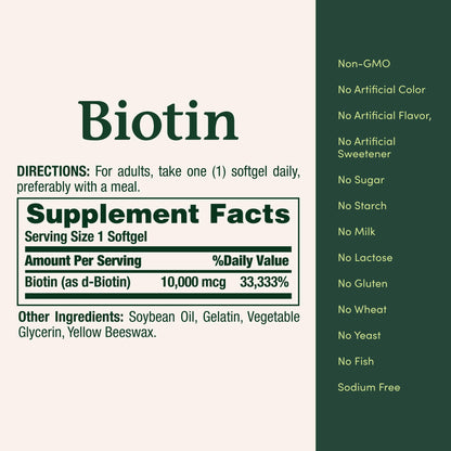 Nature's Bounty Biotin Hair Skin and Nails Vitamins, Supports Healthy Hair, Skin and Nails, 10,000 mcg, 120 Softgels (Pack of 1) - Maple Wellness Supplements