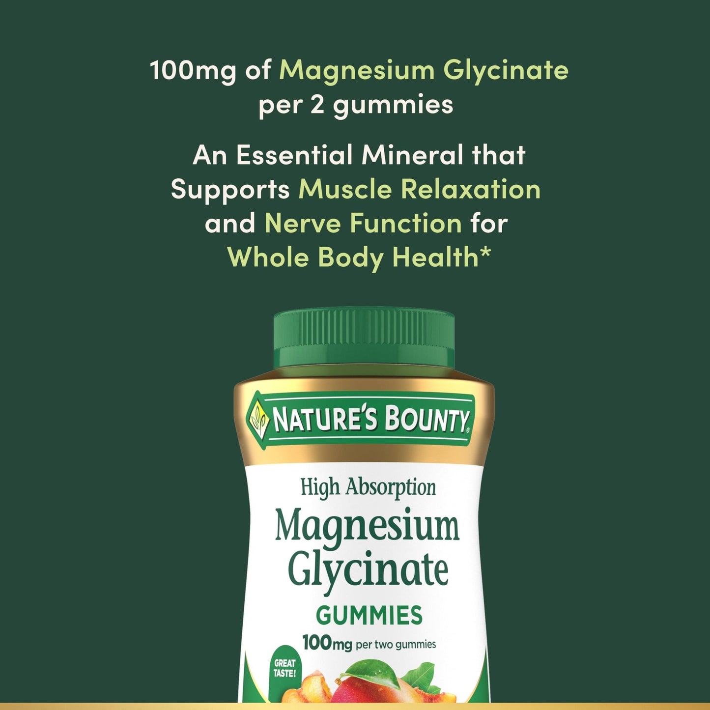Nature’s Bounty High Absorption Magnesium Glycinate Gummies, 100 mg Magnesium Per Serving, Whole Body Health, No Stick Gummy, Peach Mango Flavor - Maple Wellness Supplements