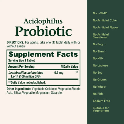 Nature's Bounty Lactobacillus Acidophilus Probiotic Supplement - Daily Probiotic for Women/Men Digestive Health, 100 Million Organisms, Vegetarian, 1 Serving per Day, 120 Tablets - Maple Wellness Supplements