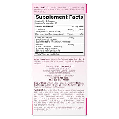 Nature’s Bounty Optimal Solutions Advanced PMS Relief for Menstrual Cycle Support, PMS Support Supplement for Women, Bloating Relief – Chasteberry, Hormone-Free, 60 Vegetarian Capsules - Maple Wellness Supplements