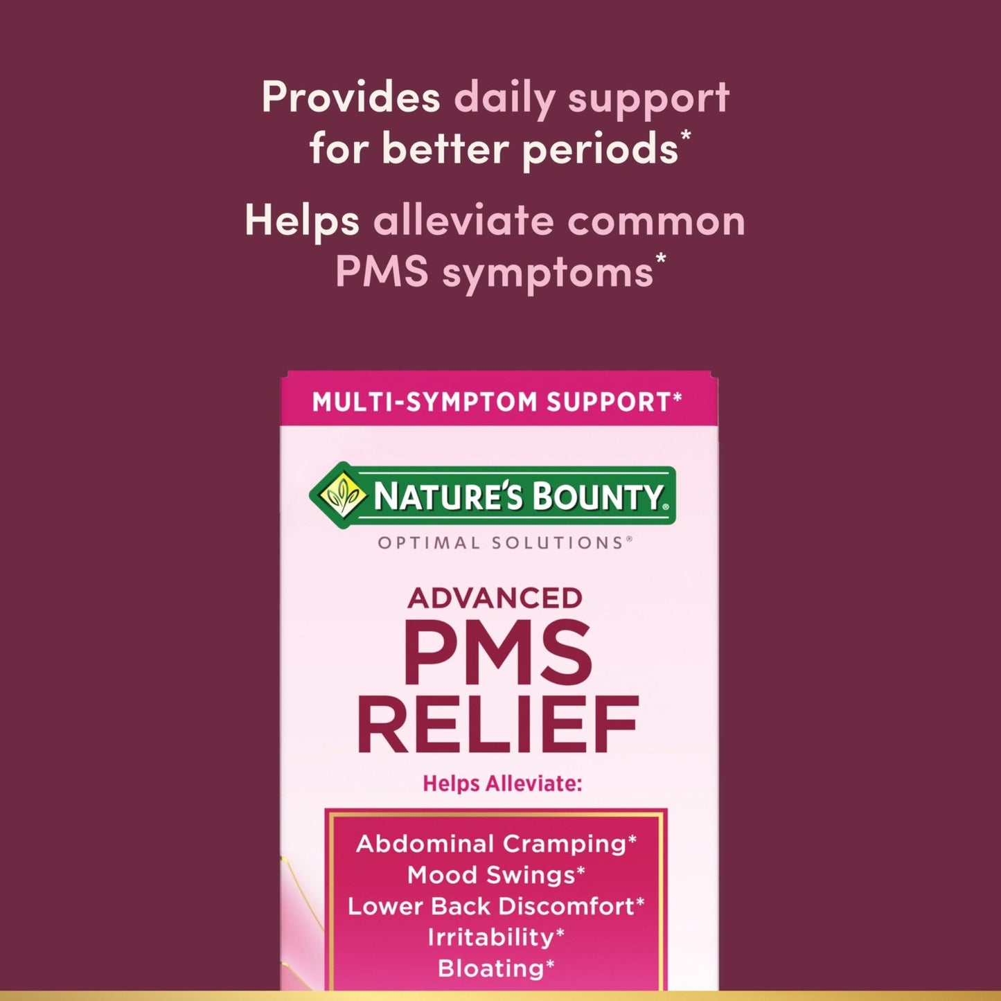 Nature’s Bounty Optimal Solutions Advanced PMS Relief for Menstrual Cycle Support, PMS Support Supplement for Women, Bloating Relief – Chasteberry, Hormone-Free, 60 Vegetarian Capsules - Maple Wellness Supplements