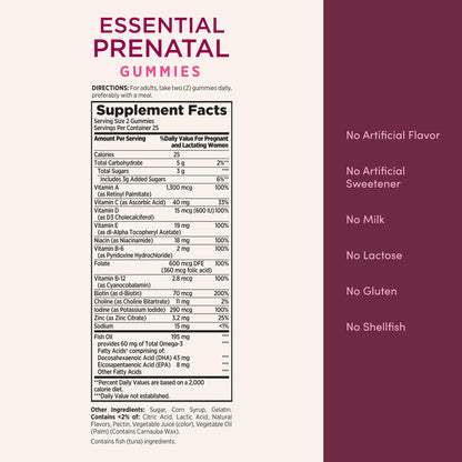 Nature's Bounty Optimal Solutions Essential Prenatal Gummies, Folic Acid and Iodine, Omega 3 and DHA, 50 Count - Maple Wellness Supplements