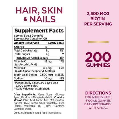 Nature's Bounty Optimal Solutions Hair, Skin and Nails Gummies with Biotin, 2500 mcg, Strawberry Flavored, 200 Count, 100 Total Servings - Maple Wellness Supplements