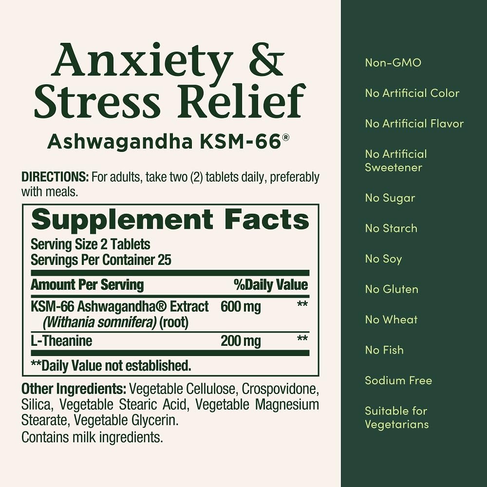 Nature's Bounty Stress Relief Ashwagandha KSM 66 Tablets, Mood Support, 50 Count - Maple Wellness Supplements