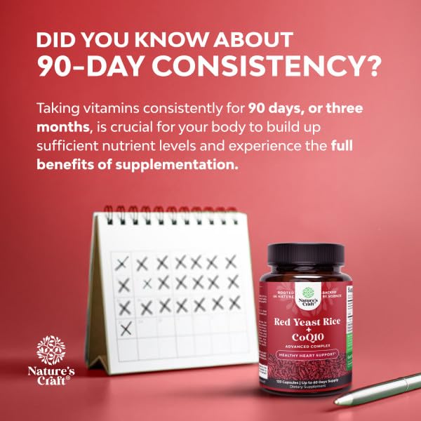 Natures Craft Red Yeast Rice with CoQ10 Supplement - Advanced Healthy Heart & Healthy Cholesterol Levels Formula for Men & Women - Red Yeast Rice Capsules with 1200 mg - Maple Wellness Supplements