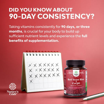Natures Craft Red Yeast Rice with CoQ10 Supplement - Advanced Healthy Heart & Healthy Cholesterol Levels Formula for Men & Women - Red Yeast Rice Capsules with 1200 mg - Maple Wellness Supplements