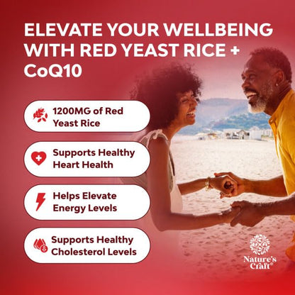 Natures Craft Red Yeast Rice with CoQ10 Supplement - Advanced Healthy Heart & Healthy Cholesterol Levels Formula for Men & Women - Red Yeast Rice Capsules with 1200 mg - Maple Wellness Supplements