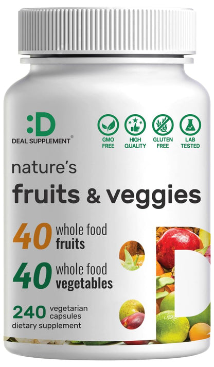 Nature’s Fruits & Veggies Supplement, 240 Veggie Capsules – 80 Whole Food Superfoods for Daily Balance – 40 Fruits with 40 Vegetables and Greens – Non-GMO, Gluten Free - Maple Wellness Supplements