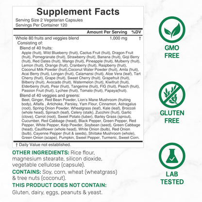 Nature’s Fruits & Veggies Supplement, 240 Veggie Capsules – 80 Whole Food Superfoods for Daily Balance – 40 Fruits with 40 Vegetables and Greens – Non-GMO, Gluten Free - Maple Wellness Supplements
