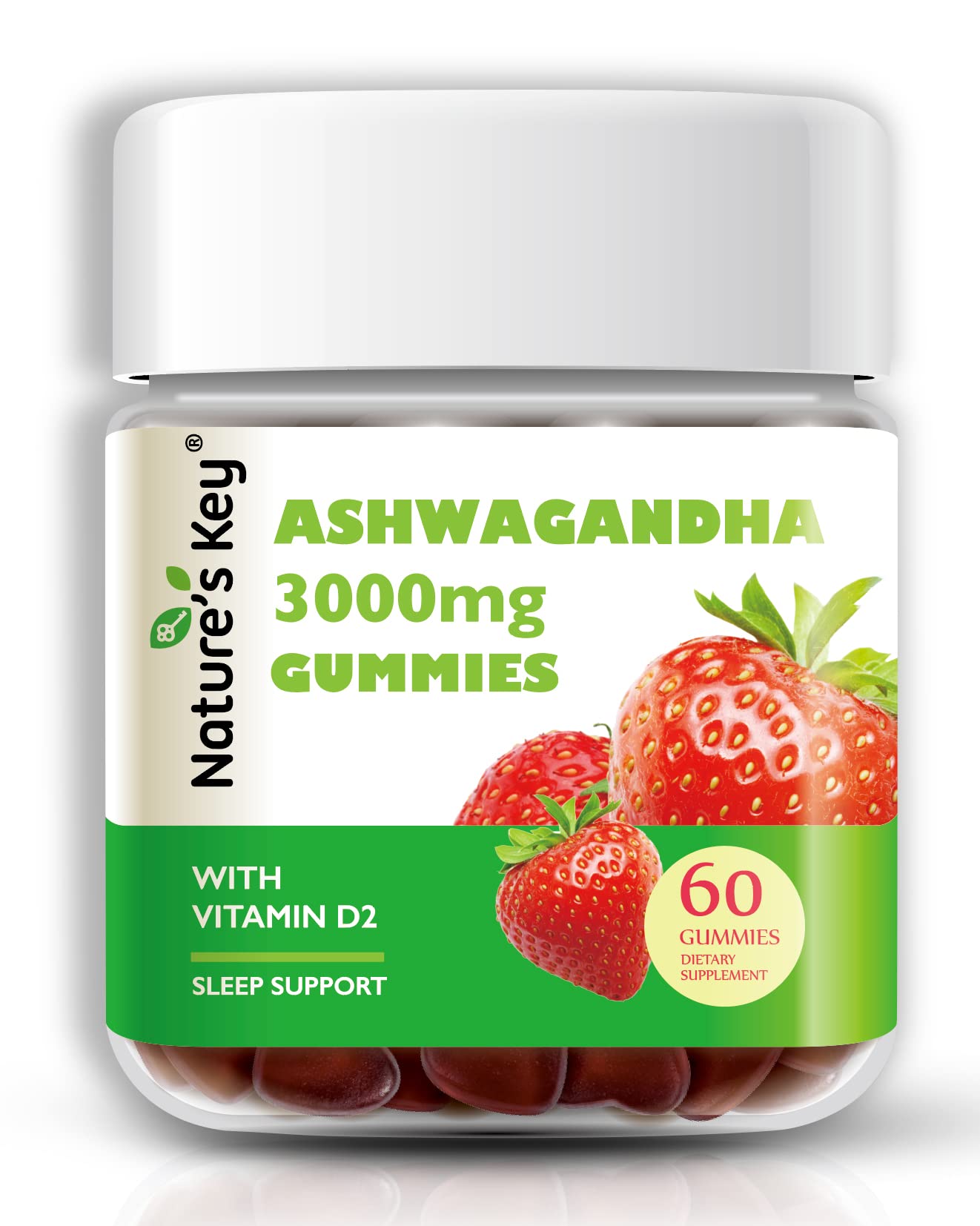Nature's Key Ashwagandha Gummies, 3000mg High Potency Ashwagandha Root Extract with Vitamin D2, Stress, Calm Mood & Cognition, for Men & Women, Strawberry Flavor (60 Count (Pack of 1) - Maple Wellness Supplements