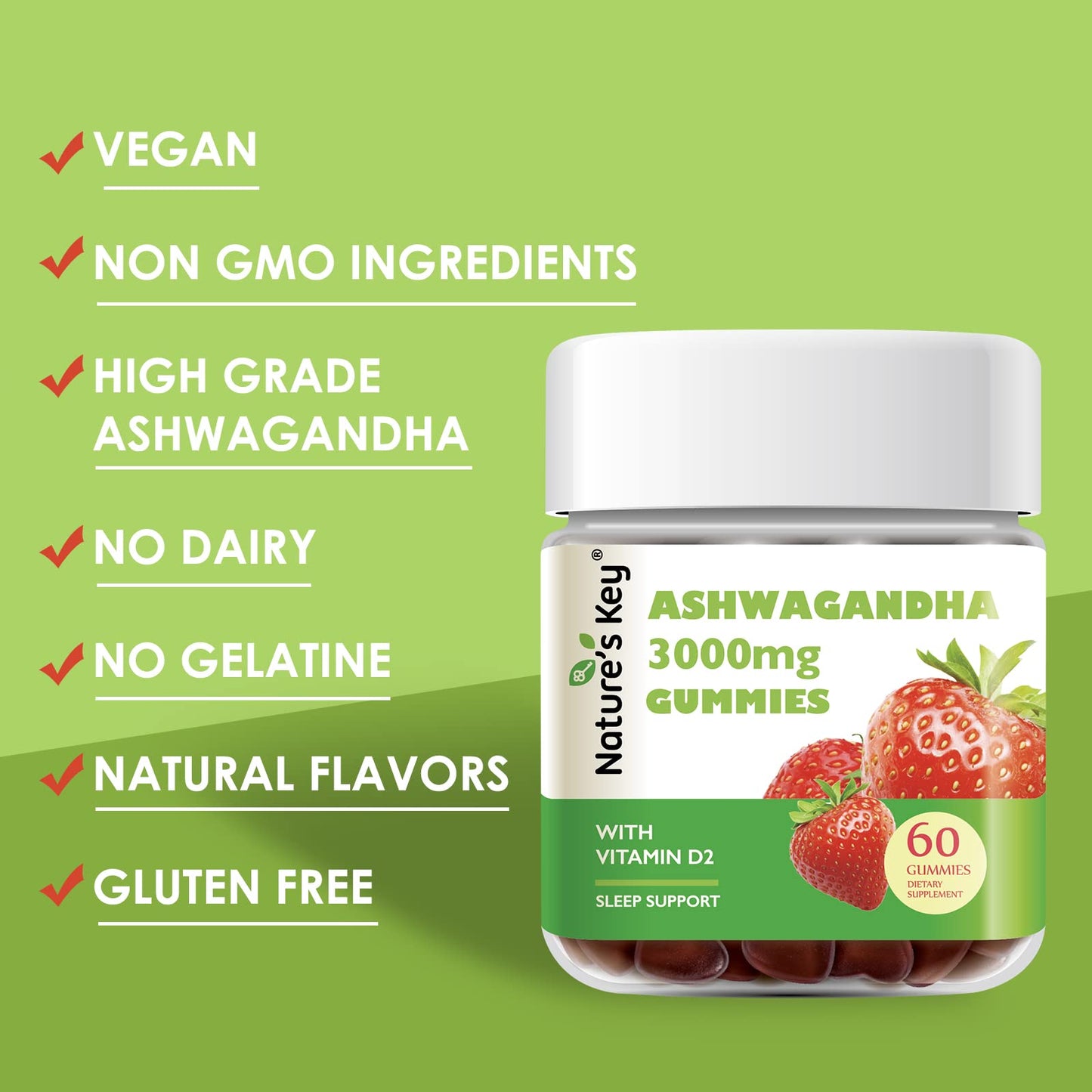 Nature's Key Ashwagandha Gummies, 3000mg High Potency Ashwagandha Root Extract with Vitamin D2, Stress, Calm Mood & Cognition, for Men & Women, Strawberry Flavor (60 Count (Pack of 1) - Maple Wellness Supplements