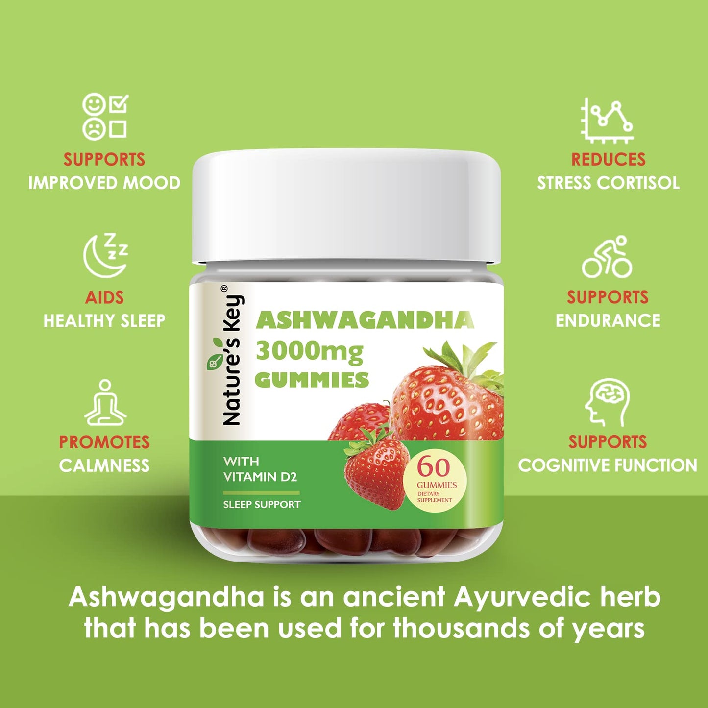 Nature's Key Ashwagandha Gummies, 3000mg High Potency Ashwagandha Root Extract with Vitamin D2, Stress, Calm Mood & Cognition, for Men & Women, Strawberry Flavor (60 Count (Pack of 1) - Maple Wellness Supplements