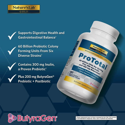 Nature's Lab Gold ProTotal - 60 Billion CFU Probiotic, Prebiotic, Postbiotic, Synbiotic - with Butyragen (Direct Butyrate Generator) 60 Ct - Maple Wellness Supplements