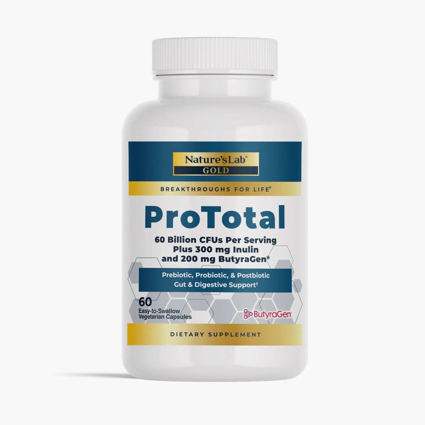 Nature's Lab Gold ProTotal - 60 Billion CFU Probiotic, Prebiotic, Postbiotic, Synbiotic - with Butyragen (Direct Butyrate Generator) 60 Ct - Maple Wellness Supplements