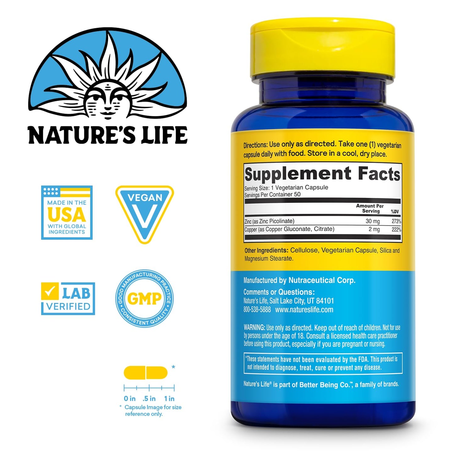 Nature's Life Zinc Picolinate 30mg Plus 2mg of Copper - Chelated Zinc Supplement for Immune, Cardiovascular, Skin, Cellular Function, and Muscle Support - 60-Day Guarantee - 50 Servings, 50 Capsules - Maple Wellness Supplements