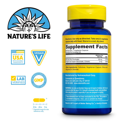Nature's Life Zinc Picolinate 30mg Plus 2mg of Copper - Chelated Zinc Supplement for Immune, Cardiovascular, Skin, Cellular Function, and Muscle Support - 60-Day Guarantee - 50 Servings, 50 Capsules - Maple Wellness Supplements