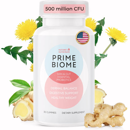 Nature’s NutriWave PrimeBiome Probiotic Gummies – Plant-Based Blend with Inulin, Lion’s Mane, Ginger & More– Non-GMO, No Stimulants, GMP Certified – 30 Gummies, 1 Month Supply - Maple Wellness Supplements